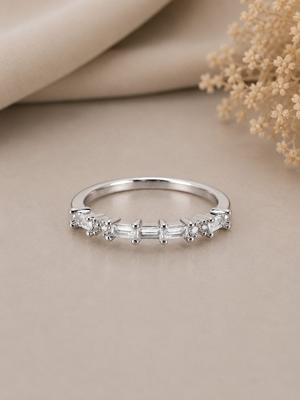 Silver CZ Baguette & Round Band Ring
